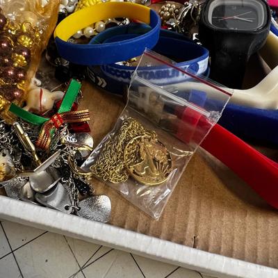  Tray of Used Jewelry including Red, White and Blue Watches