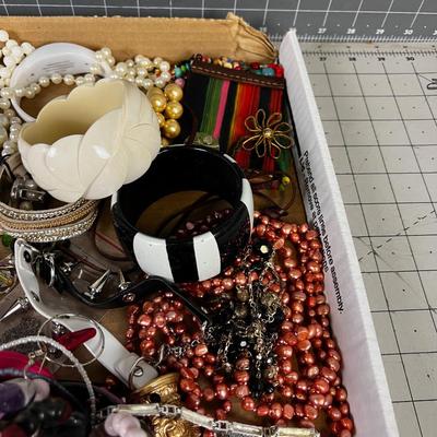  Tray of Used Jewelry including Red, White and Blue Watches
