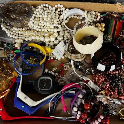  Tray of Used Jewelry including Red, White and Blue Watches