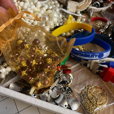  Tray of Used Jewelry including Red, White and Blue Watches