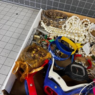  Tray of Used Jewelry including Red, White and Blue Watches