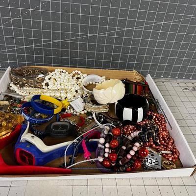  Tray of Used Jewelry including Red, White and Blue Watches