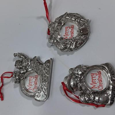 Three Christmas themed picture frame tree ornaments