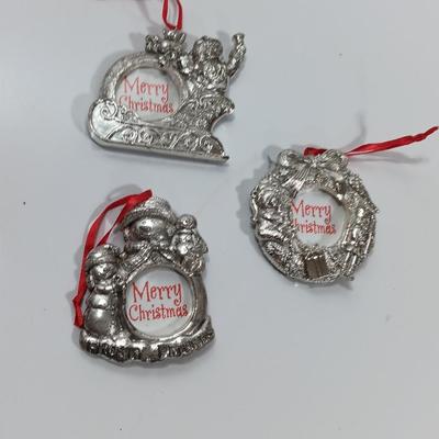 Three Christmas themed picture frame tree ornaments
