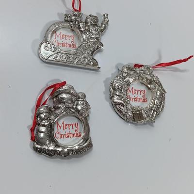 Three Christmas themed picture frame tree ornaments