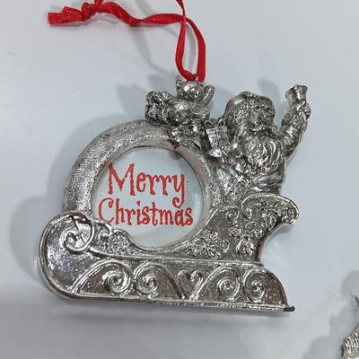 Three Christmas themed picture frame tree ornaments