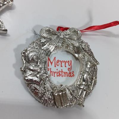 Three Christmas themed picture frame tree ornaments