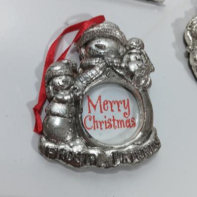 Three Christmas themed picture frame tree ornaments