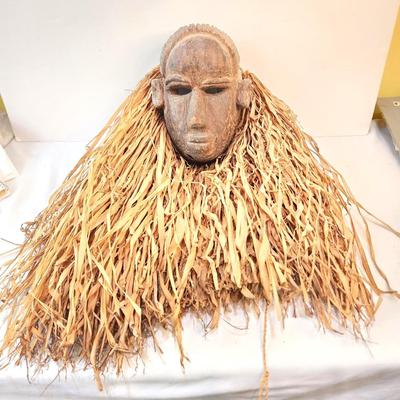 Lot #220 Bambura African Carved Mask with Raffia