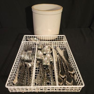 Oneida Community Flatware and a White Crock (G-DW)