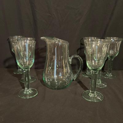 Green Hued Glass Pitcher W/ Matching Stemmed Glasses (K-RG)