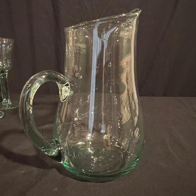 Green Hued Glass Pitcher W/ Matching Stemmed Glasses (K-RG)