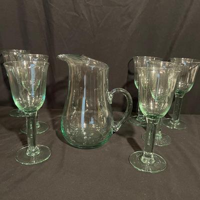 Green Hued Glass Pitcher W/ Matching Stemmed Glasses (K-RG)