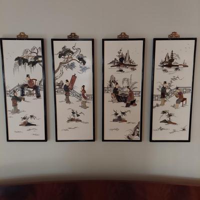 Eastern Asian Four Panel Art w/ Semi Precious Stonework (PB-BBL)