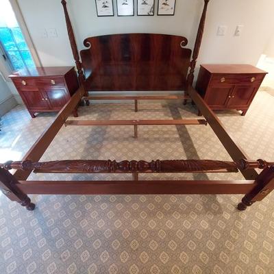 Baker Furniture Solid Wood King Size Four Poster Bed Frame w/ Pair of Nightstands (PB-BBL)