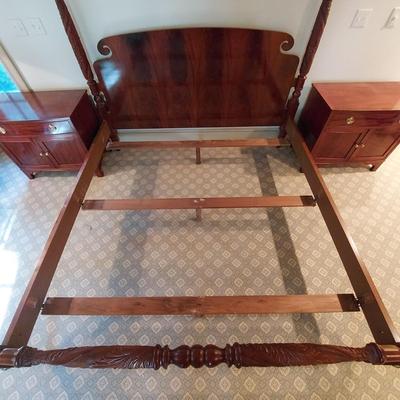 Baker Furniture Solid Wood King Size Four Poster Bed Frame w/ Pair of Nightstands (PB-BBL)