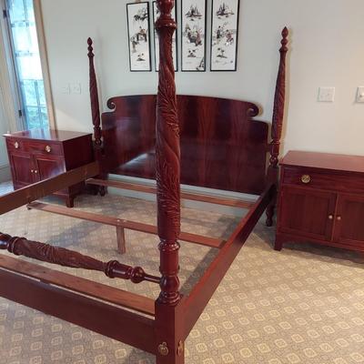 Baker Furniture Solid Wood King Size Four Poster Bed Frame w/ Pair of Nightstands (PB-BBL)