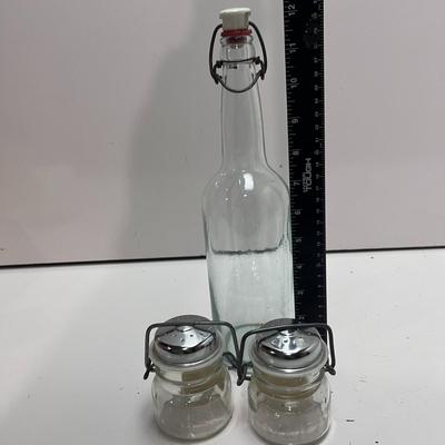 SALT AND PEPPER SHAKERS & BOTTLE WITH SIDE BAIL WIRES
