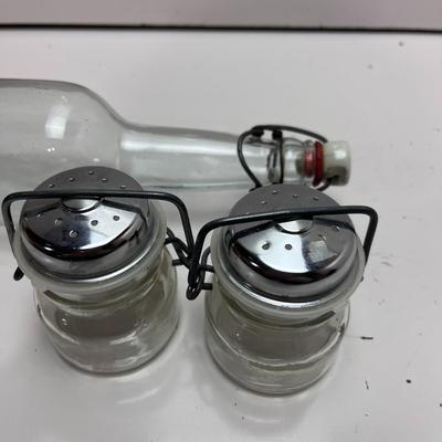 SALT AND PEPPER SHAKERS & BOTTLE WITH SIDE BAIL WIRES
