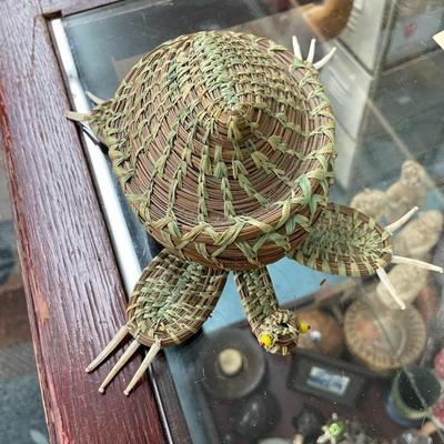 Folk Art Turtle Raffia & Long Needle Basket
