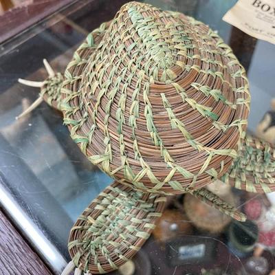 Folk Art Turtle Raffia & Long Needle Basket