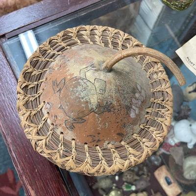 Folk Art Basket Gourd, Raffia & Long Needle