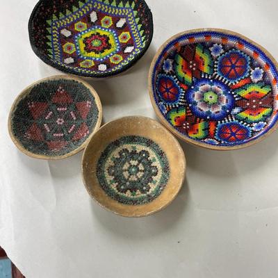 Folk Art Seed Bead and Gourd Baskets Lot of 4