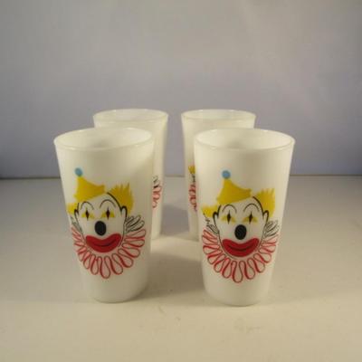 Vintage Hazel Atlas Drinking Glasses- Milk Glass with Painted Clowns- 4 Pieces