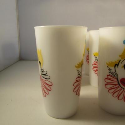 Vintage Hazel Atlas Drinking Glasses- Milk Glass with Painted Clowns- 5 Pieces