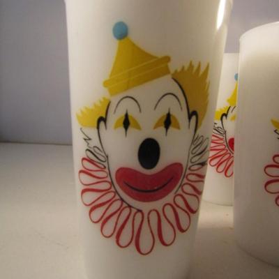 Vintage Hazel Atlas Drinking Glasses- Milk Glass with Painted Clowns- 5 Pieces