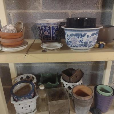 Nice Assortment of Ceramic, Pottery, and Composite Planter Pots, Trays, and Gardening Items