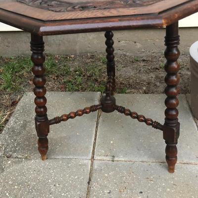 Antique carved wood, 3 leg barley twist legs