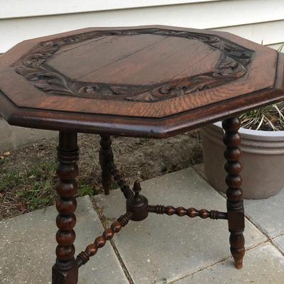 Antique carved wood, 3 leg barley twist legs