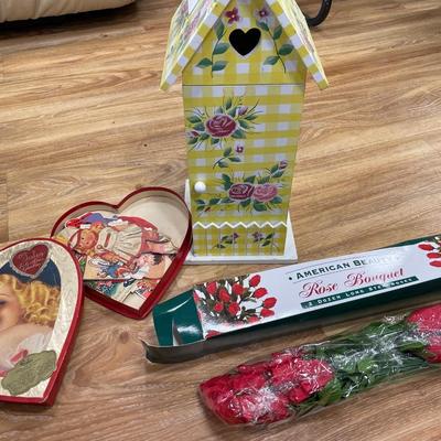 Valentines cards, birdhouse and roses