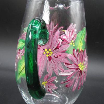 Vintage Handpainted Groovy Purple Flowers Glass Serving Pitcher with Green Handle