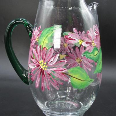Vintage Handpainted Groovy Purple Flowers Glass Serving Pitcher with Green Handle