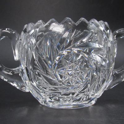 Antique American Brilliant Sugar Bowl Heavy Cut Crystal Glass Sawtooth Edge 2 Handles
