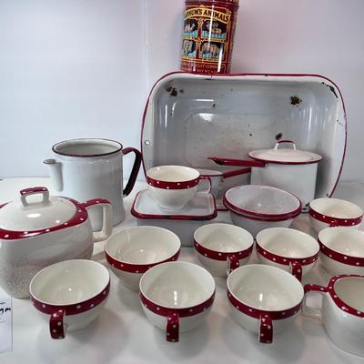 Farmhouse White and red enamel and Ceramic