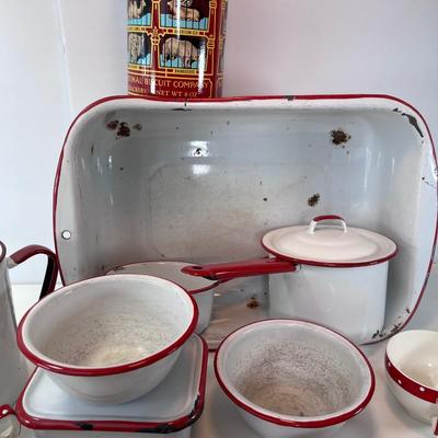 Farmhouse White and red enamel and Ceramic