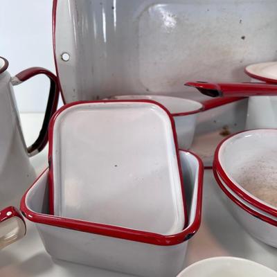 Farmhouse White and red enamel and Ceramic