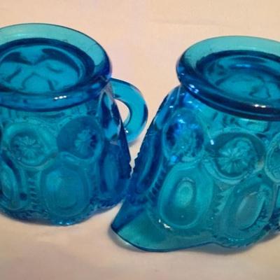 Art Deco Sugar Bowl and Creamer Blue Glass Pressed Vintage