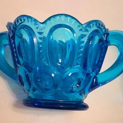 Art Deco Sugar Bowl and Creamer Blue Glass Pressed Vintage