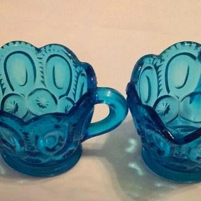 Art Deco Sugar Bowl and Creamer Blue Glass Pressed Vintage