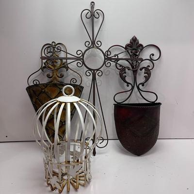 2 TIN WALL POCKETS AND AN IRON CROSS AND DECORATIVE CAGE