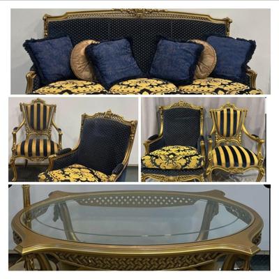 Royal Blue & Gold Custom Built sofa from Tripoli Lebanon. More pieces avail on this sale as pictured