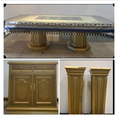 Custom Built Dining Room Table From Tripoli Lebanon; Glass Overlay, Custom Tablecloth