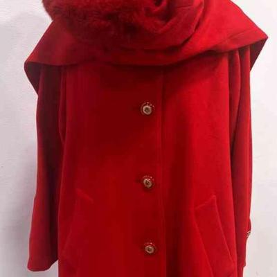 St John Red Wool Coat With Detachable Fox Fur Lined Hood with Bloomingdale's clutch