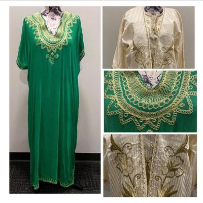 2 Jalabiyas:lighter fabric green & gold.Richer fabric & detail in cream & gold which includes robe