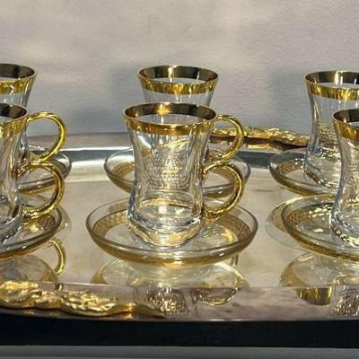 6 Turkish Style Coffee Cups And Saucers. Intricate Detailed Serving Platter with gold accent design