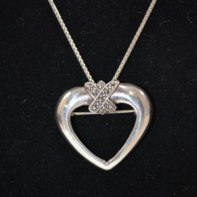 925 Sterling Cube Chain w/ 925 Heart & Marcasite Brooch/Pendant 16â€ 10.1g